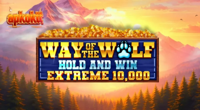 Tampilan visual slot Way of the Wolf Hold and Win Extreme 10,000 dengan latar hutan malam yang mencekam.